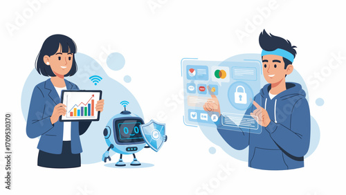 Businesswoman presenting data on tablet while man interacts with futuristic interface, showcasing technology and cybersecurity solutions in modern office setting.