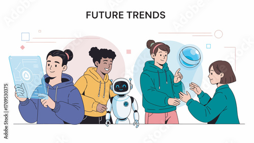 Diverse group of young people exploring future trends with robot and holographic technology in modern setting, showcasing innovation and collaboration.