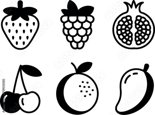 Simple, clean icons of various fresh fruits including strawberry, raspberry, pomegranate, cherries, orange, and mango.