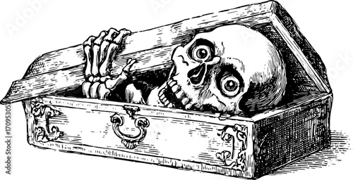 Skeleton in a wooden box with a vintage outline. A classic vector illustration that represents macabre and gothic themes in a retro style.