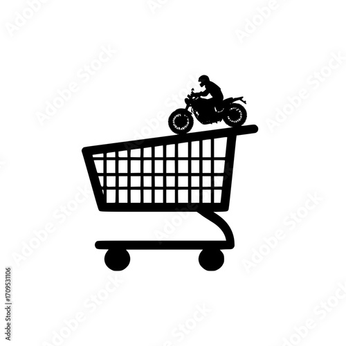 Conceptual design of motorcyclist inside shopping cart depicting bold purchase and active lifestyle
