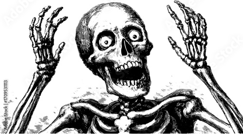 Skeleton illustration in vintage style. Detailed black and white vector art set with a frightful expression, suitable for graphic representation.