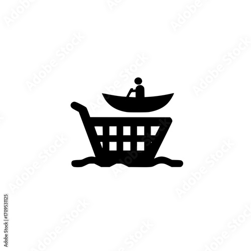 Conceptual design of boat rower inside shopping cart depicting journey-themed purchase and bold choices

