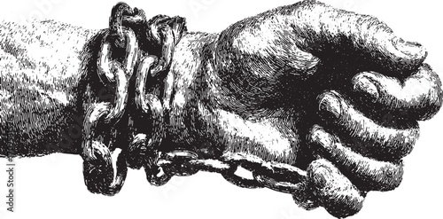 A hand with metal chain and shackle in vintage engraving style. Black and white illustration with detailed lines. Retro vector illustration.