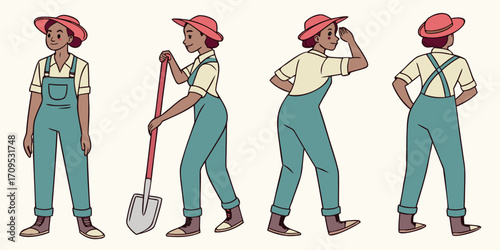 Farmer or gardener worker wearing overall uniform holding work tool. Character for animation. Front, side and back view set. Body parts, postures, poses collection. Vector illustration.
