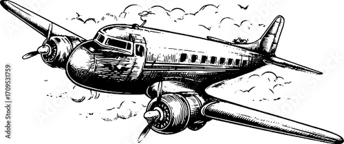 Vintage airplane engraving art in black and white outline style. Detailed retro set of vector illustrations depicting classic aviation design.
