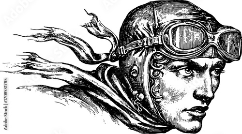 Vintage aviator with goggles and scarf in an outline style. A classic vector illustration showcasing retro elements and aviation themes in black and white.