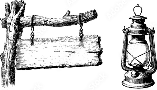 Vintage lantern and wooden sign vector illustration. Detailed engraving style featuring classic rustic elements as a set.