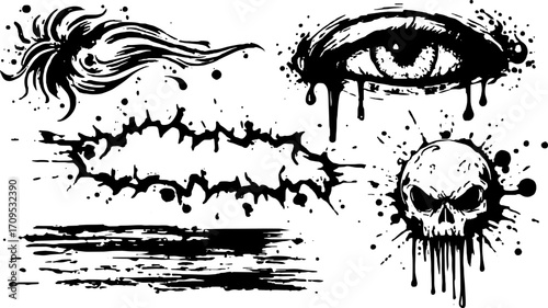Vector illustration featuring a vintage engraving style. Includes detailed line drawings of an eye, skull, and splash elements in black and white.