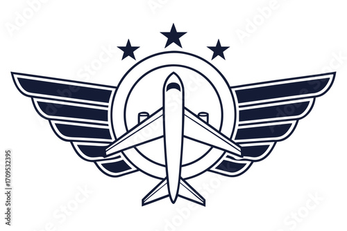 Airplane Wings and Stars Emblem on White Background logo