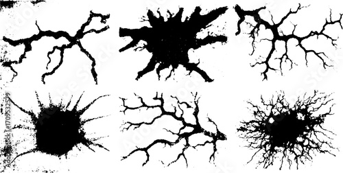 Black paint splatter set featuring various shapes and textures. These vector illustrations offer an abstract style for creative projects.
