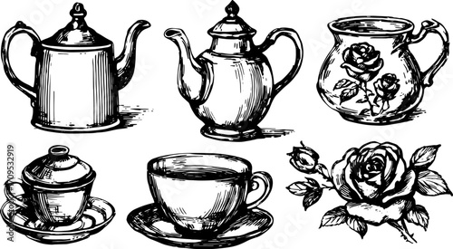 Vintage teapot and cup set with roses in line drawing style. Simple black and white vector illustration of kitchen tableware.