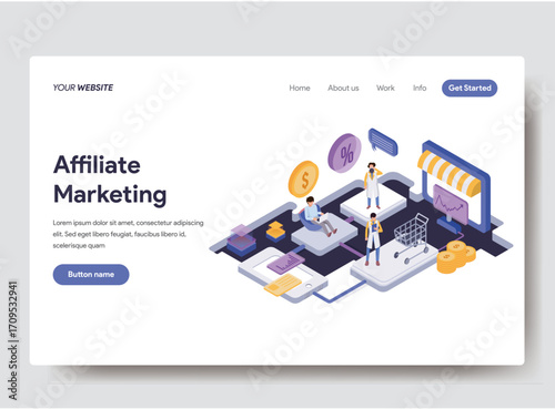 E-commerce and Marketplace An “Affiliate Marketing” webpage with an isometric office scene, on a light background