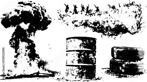 Mushroom explosion cloud with black silhouette of a tank and barricade. Vector illustration depicting danger and destruction in an industrial landscape.