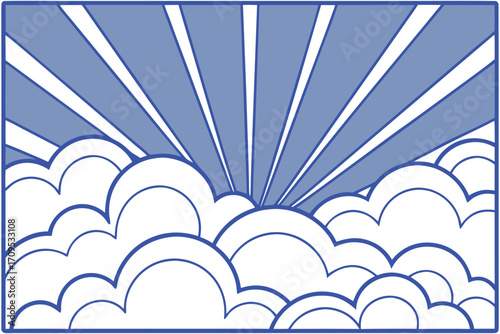 Blue Sun Rays Behind White Clouds Art outline