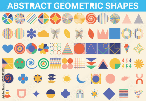 Brutalist abstract geometric shapes and grids. Brutal contemporary figure star oval spiral flower and other primitive elements. Swiss design aesthetic. Bauhaus memphis design.