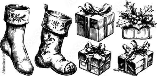 Holiday stocking and gift set for decoration. Vintage black and white vector illustration featuring presents, bows, and festive elements.