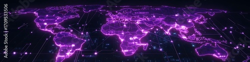 Digital business infrastructure map with purple neon logistics and market layers