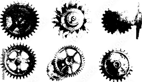 Vintage gears in black and white illustration style. Detailed vector illustration of machinery components in a set for graphic and industrial use.