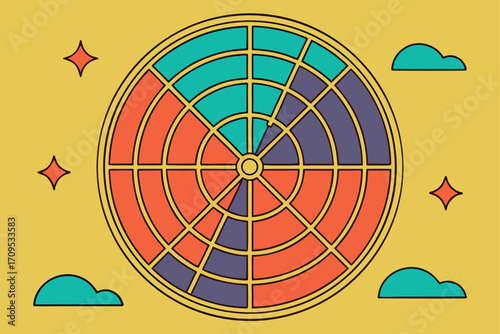 Colorful dartboard with clouds and stars on a yellow background Keywords: dartboard, target, game, sport