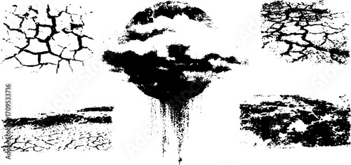 Cracked land texture in black and white. This abstract illustration features dry landscapes in a vector set.