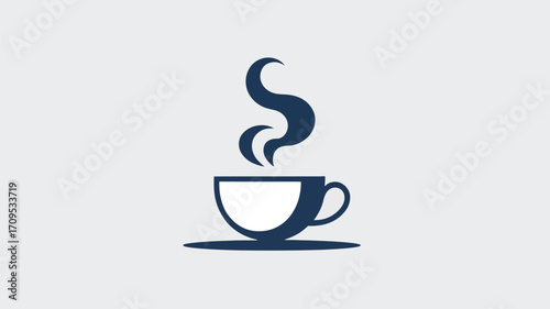 A stylized illustration of a dark blue coffee cup with steam rising on a light gray background