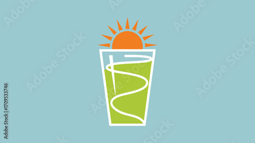 Illustration of a green smoothie in a white outlined glass with an orange sun above it on a blue background