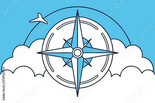 Compass rose with airplane and clouds against blue sky wind direction