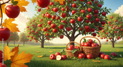 Autumn Apple Orchard with Harvest Baskets and Fall Leaves