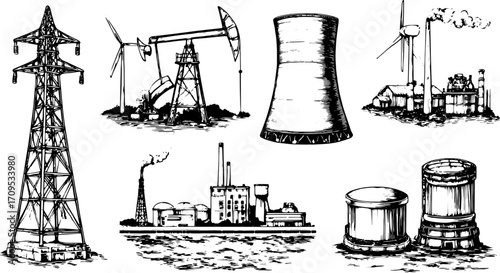 Energy industry illustrations featuring equipment: oil drilling, windmills, and cooling towers in vintage style vector illustration.