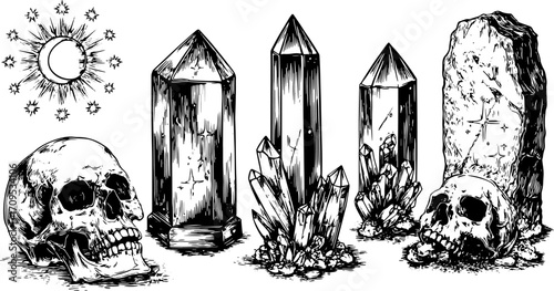 Detailed skull and crystal engraving vector illustration. This vintage set features black and white line art with natural elements like the moon and sun.