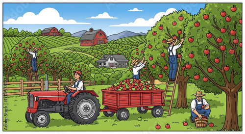 Apple Orchard Harvest with Farmers and Tractor Illustration