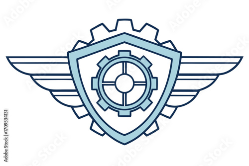 Emblem with wings, shield, and gear for aviation or engineering vector illustration