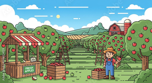 Countryside Apple Orchard with Farmer and Market Stand