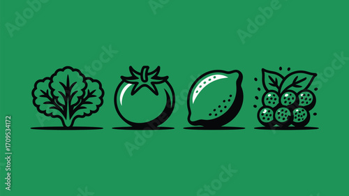 A graphic illustration of four different fruits and vegetables in a row on a green background
