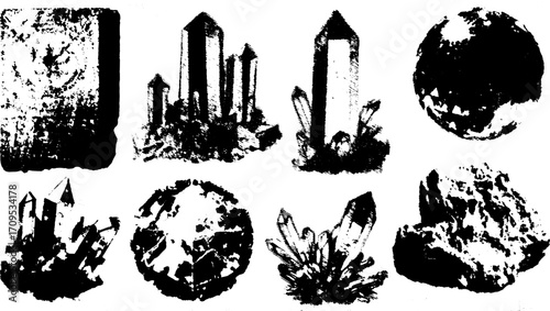 Unique crystal and rock illustrations in vintage engraving style. Detailed outlines create this vector set.