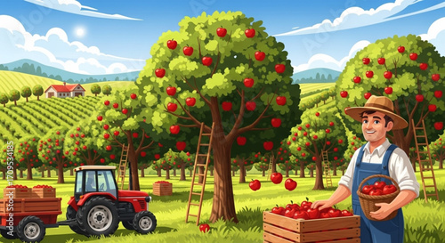 Apple Orchard Harvest with Farmer, Tractor, and Wooden Crates Illustration