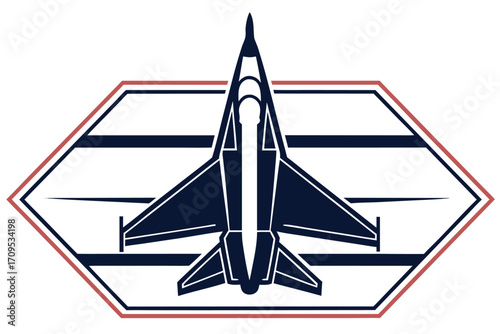 Fighter Jet within a Hexagonal Emblem Keywords: fighter jet, airplane, aircraft, military, aviation, speed