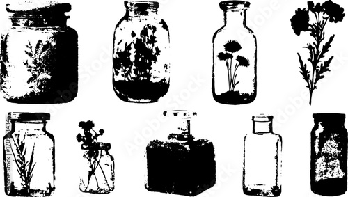 Vintage jars and bottles in a set with floral engravings. Black and white vector illustration showcasing botanical elements.