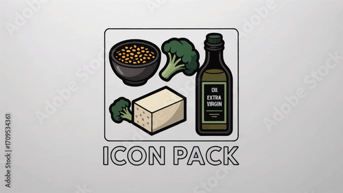 A cartoon icon pack featuring a bowl of beans, broccoli, tofu, and a bottle of extra virgin olive oil