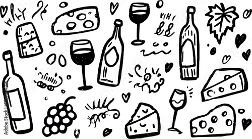 Cheese and wine doodle set. Black and white vector illustration featuring various bottles, glasses, and grapes in a simple style.