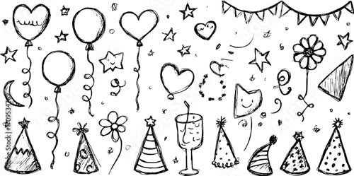 Balloons, party hats, and flowers in a hand-drawn style. Festive vector illustration set for decoration at events or celebrations.