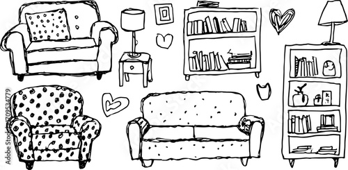 Set of furniture featuring various chairs, couches, and shelves. This simple black and white lineart vector illustration showcases modern decor.