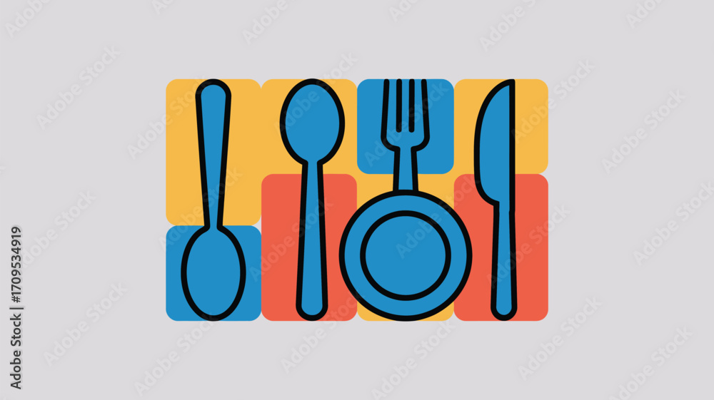 Fototapeta premium Illustrated place setting with blue utensils on yellow and orange squares against a light gray background