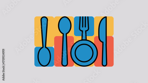 Illustrated place setting with blue utensils on yellow and orange squares against a light gray background
