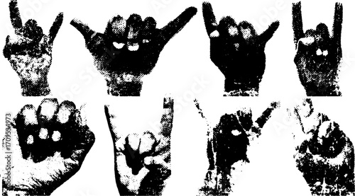 Hand gestures in vintage style showcasing various rock symbols in a creative vector illustration set.