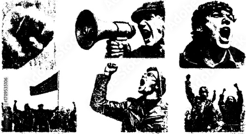 Vector illustration of a protest scene featuring a fist and speaker with crowd expressions of anger and intensity. Bold monochrome design illustrates political energy.