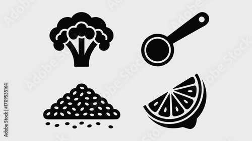 A black and white graphic featuring broccoli, a measuring spoon, seeds, and a lemon slice icon set