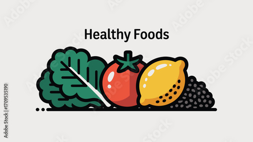 Illustration of a tomato, lemon, blackberries, and green leafy vegetables on a light background