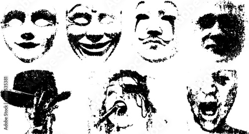 Masks expressing various emotions. A dramatic vector illustration set showcasing different facial ideas and styles in black and white.